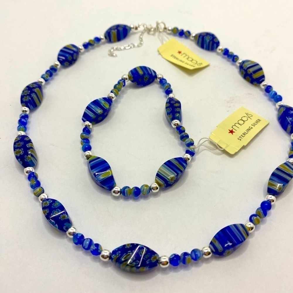 Necklace bracelet duo glass blue green beads brand new with tags Macys #12-97
